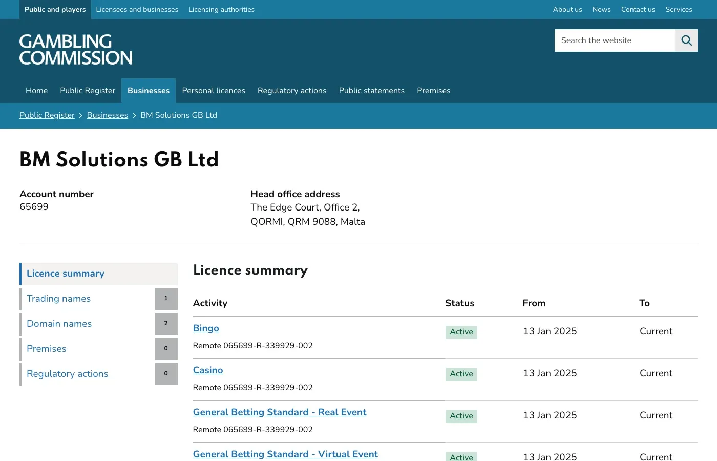 BM Solutions GB Ltd active UK Gambling Commission licence for Betmaster UK.