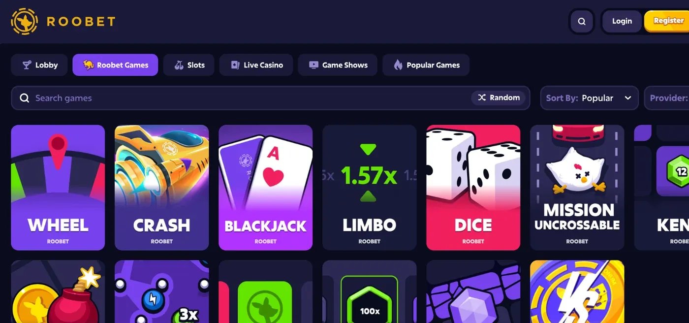 Roobet Originals lobby on desktop
