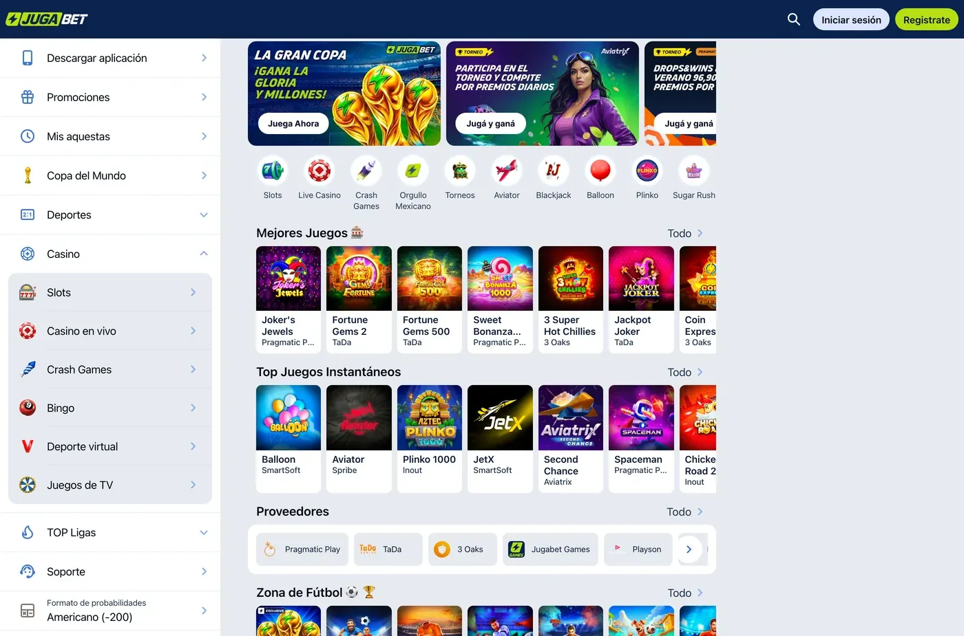 Lobby público de Jugabet México con categorías y juegos cargados.