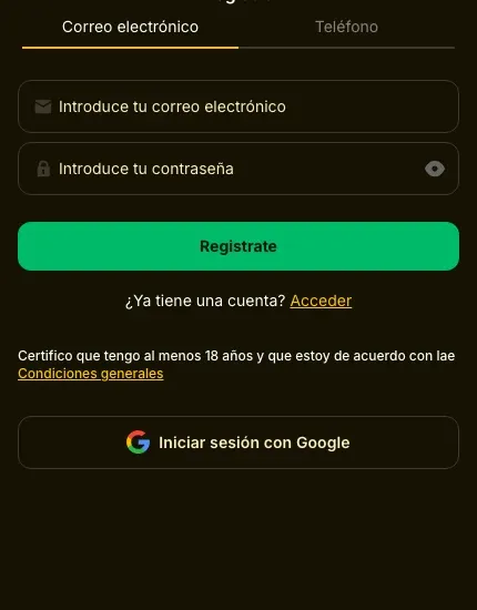Formulario de registro de Ganamax por correo electrónico
