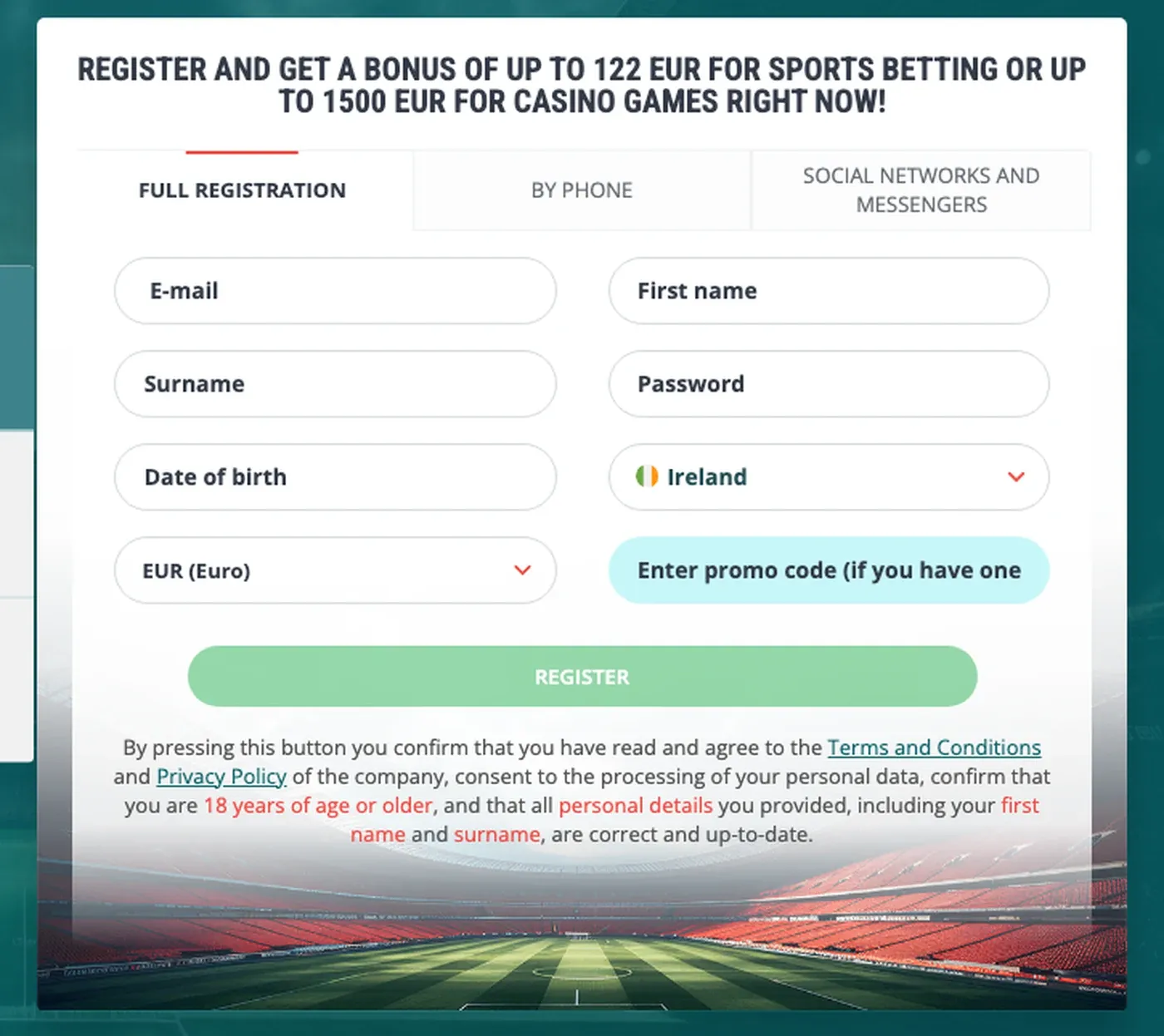 22Bet registration form