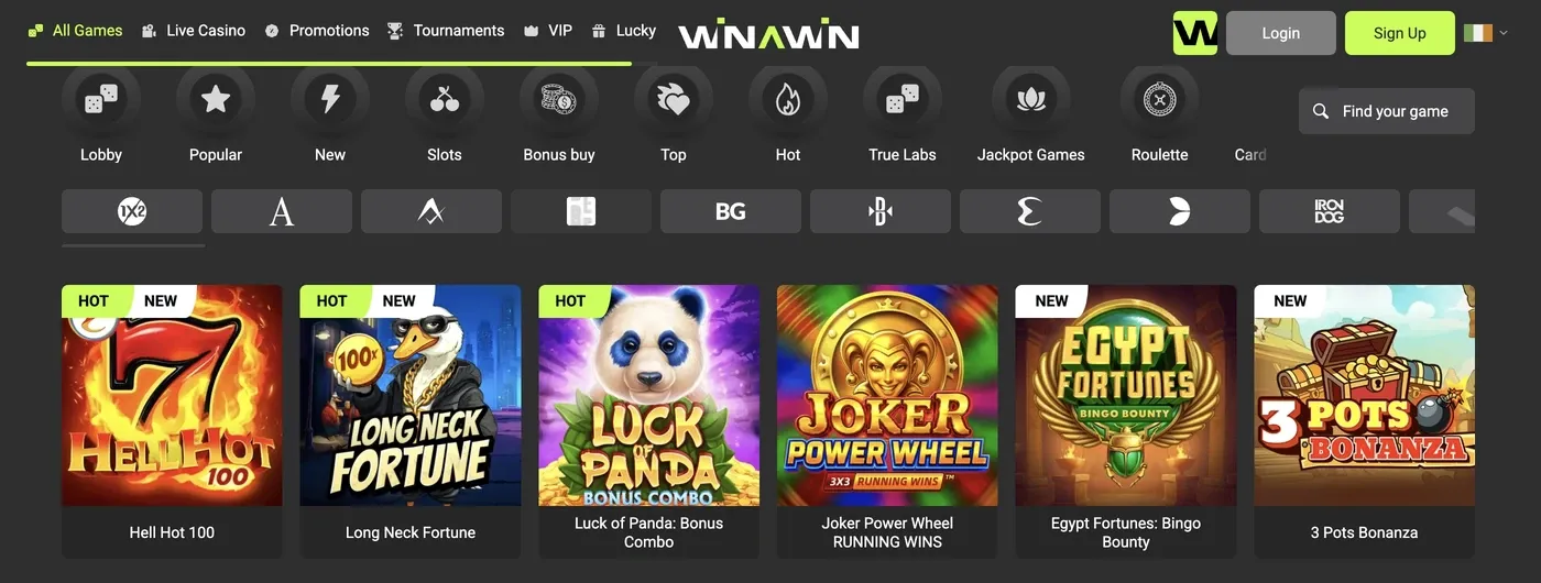 Winawin casino lobby showing game categories, provider filters and loaded titles
