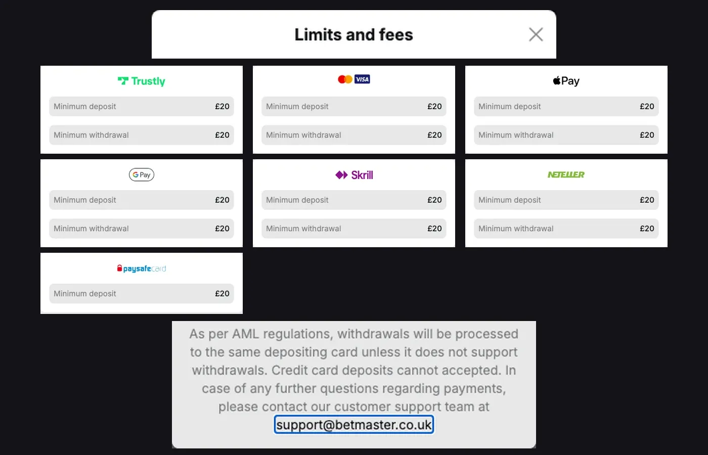 Betmaster UK payment methods with £20 deposit and withdrawal minimums.