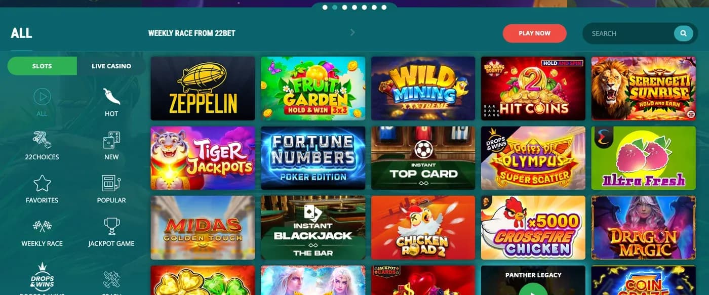 22Bet slots catalogue and category filters