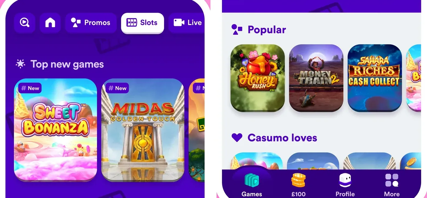 Two views of Casumo's mobile game library showing Slots and Live tabs plus Top new games, Popular and Casumo loves rows