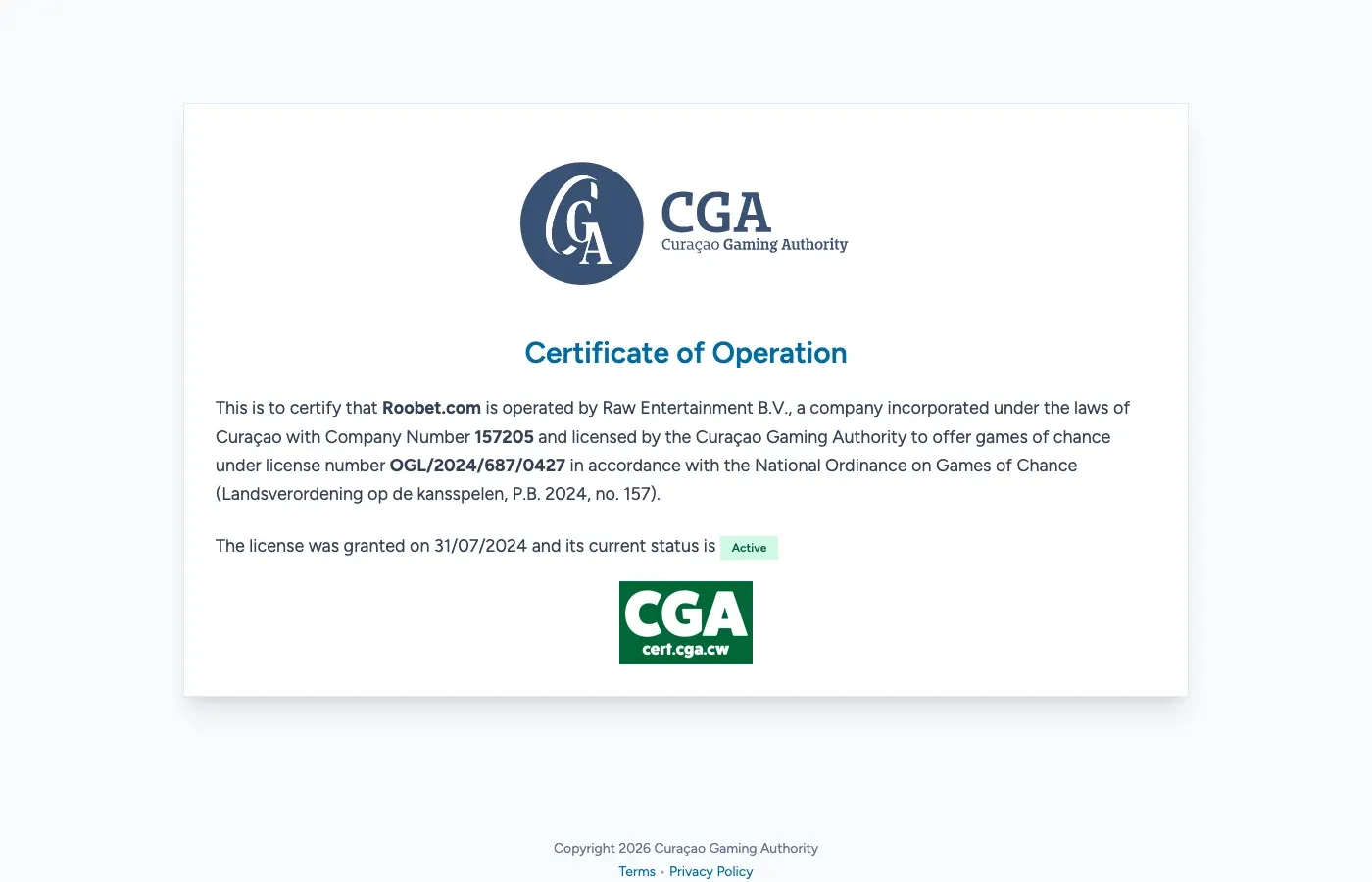 Curaçao Gaming Authority certificate for Roobet.com