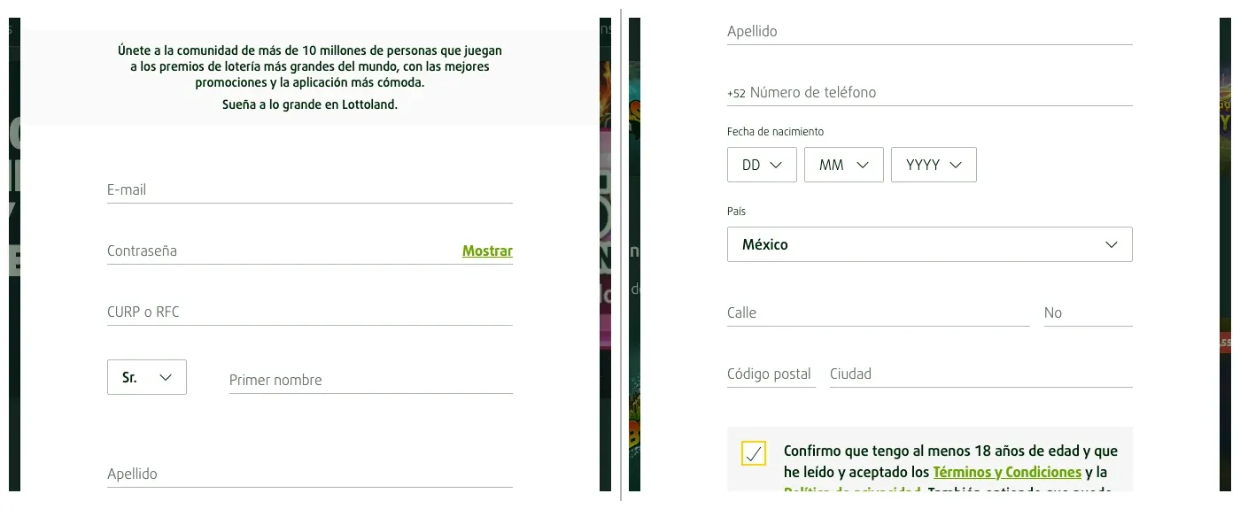 Formulario de registro de Lottoland México con correo, CURP o RFC y datos personales