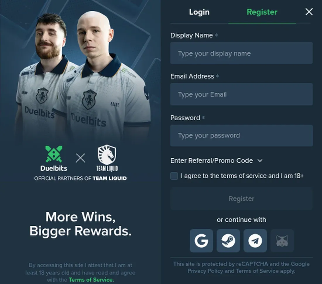 Duelbits registration form with email and social sign-in options