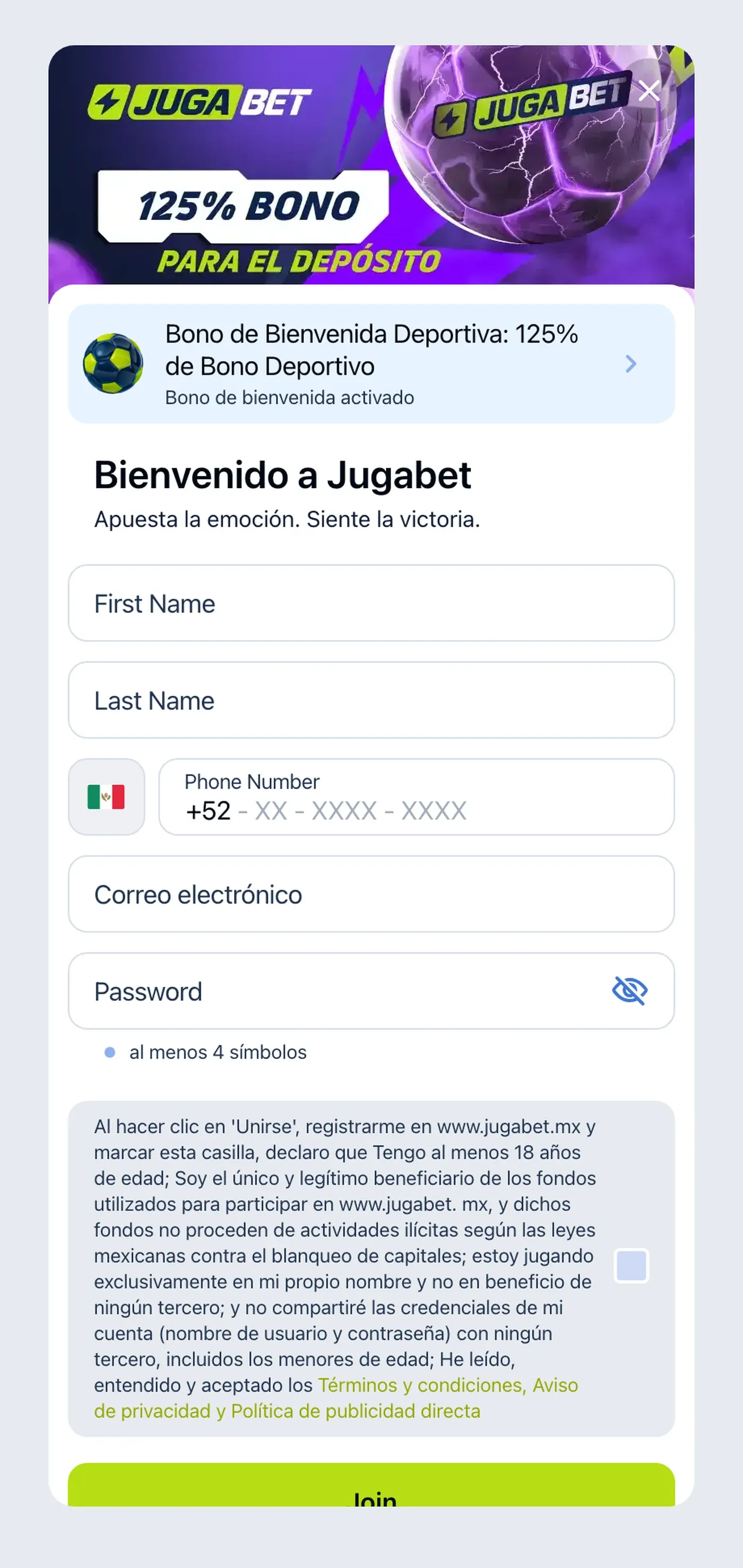 Formulario público de registro de Jugabet con país México y teléfono +52.