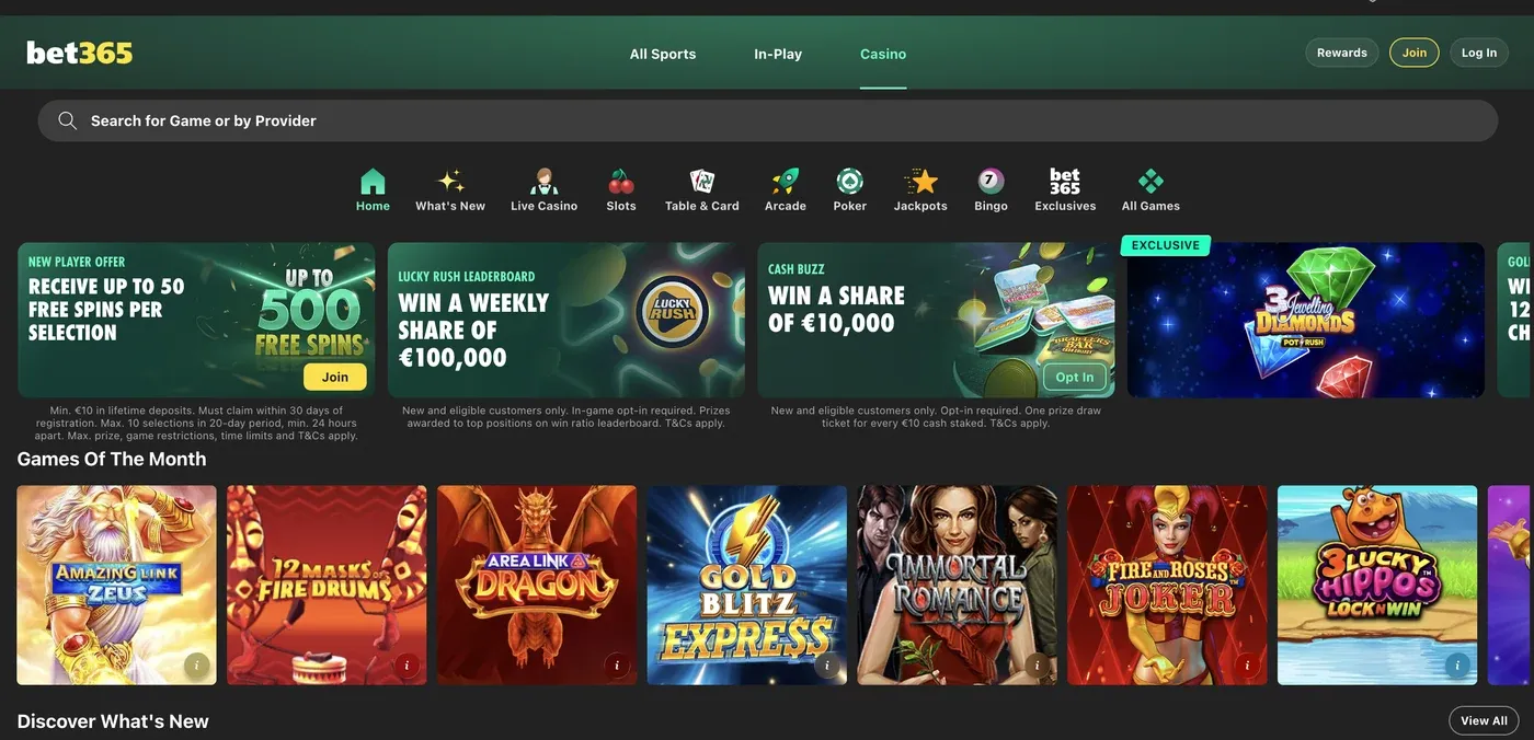 bet365 Ireland casino lobby with game categories, the new-player promotion and loaded game tiles
