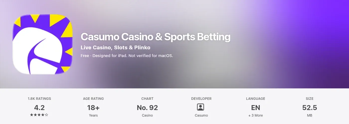 Casumo Casino and Sports Betting UK App Store listing rated 4.2 with developer Casumo