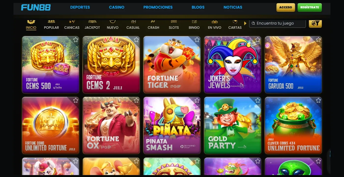 Categorías y catálogo de juegos de Fun88 México