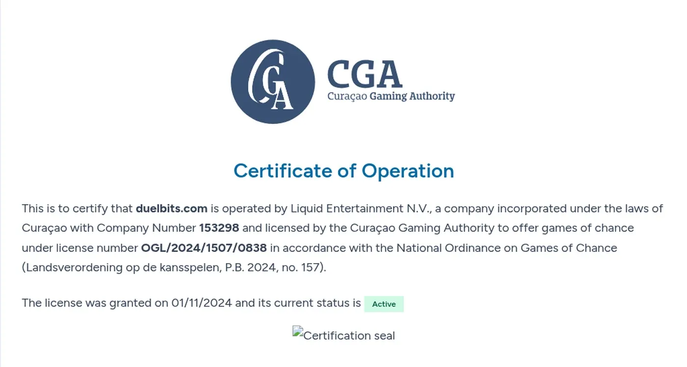 Active Curaçao Gaming Authority certificate for Duelbits