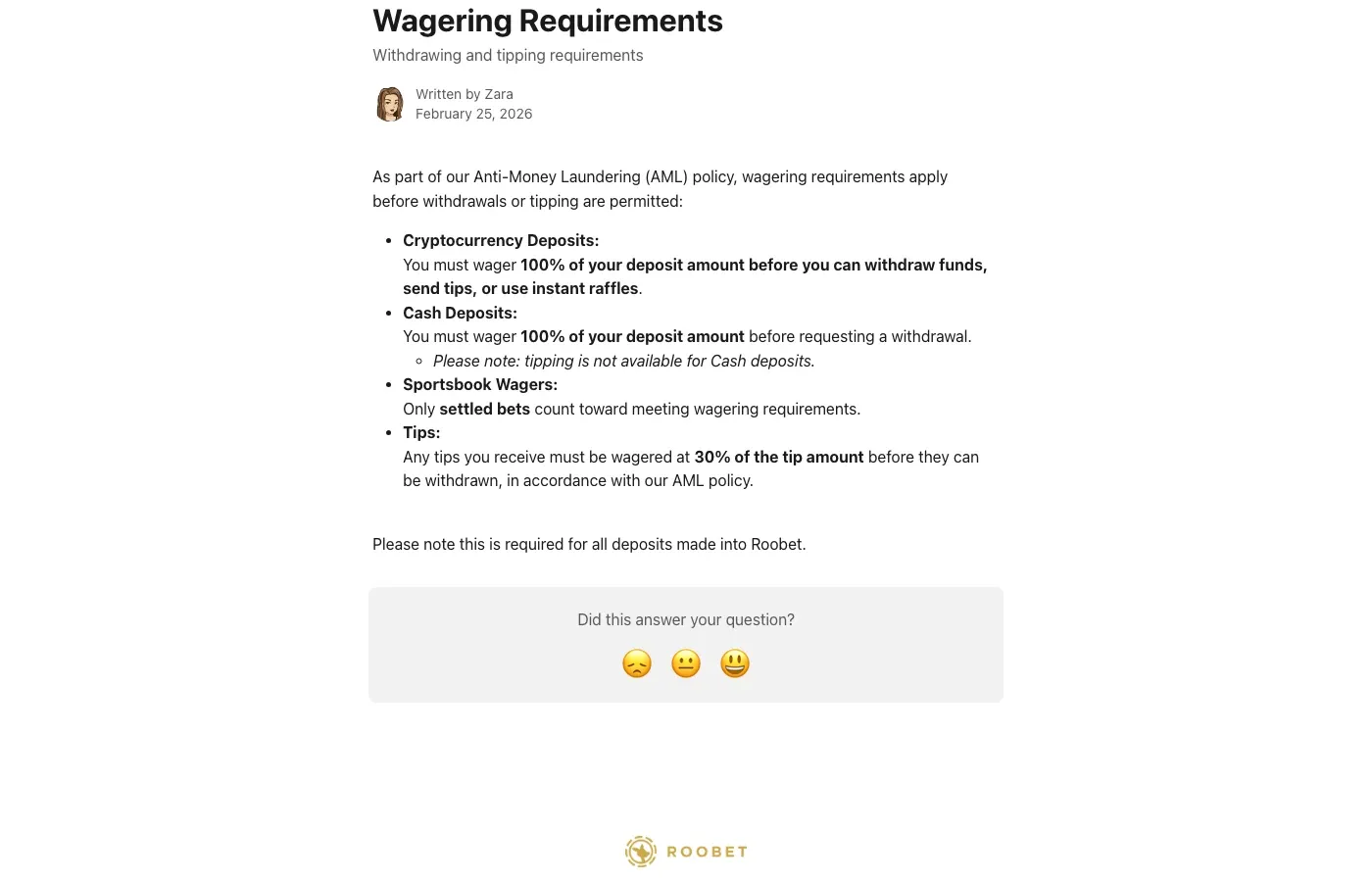 Roobet first-party 1x deposit turnover requirements