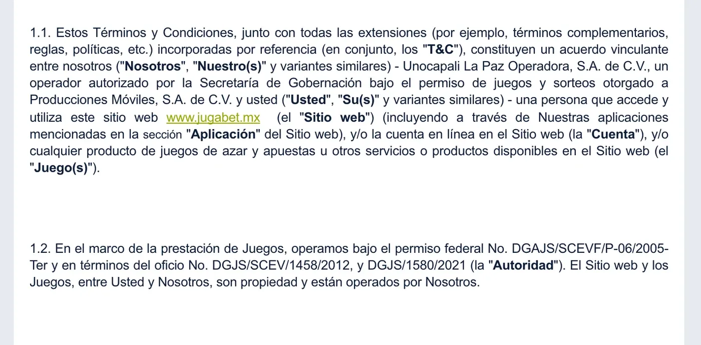 Términos de Jugabet que identifican al operador y el permiso mexicano.