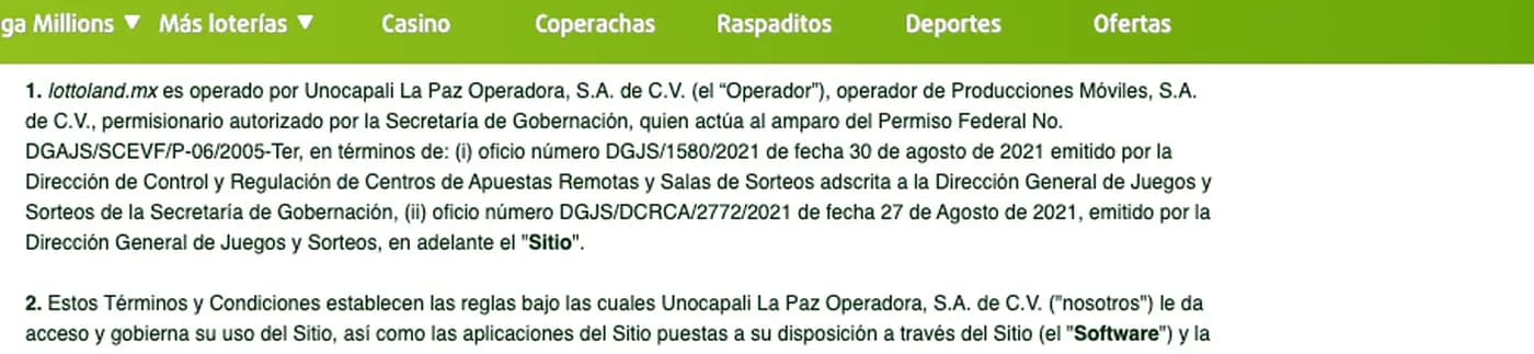 Términos de Lottoland México con la operadora, permisionaria y permiso federal