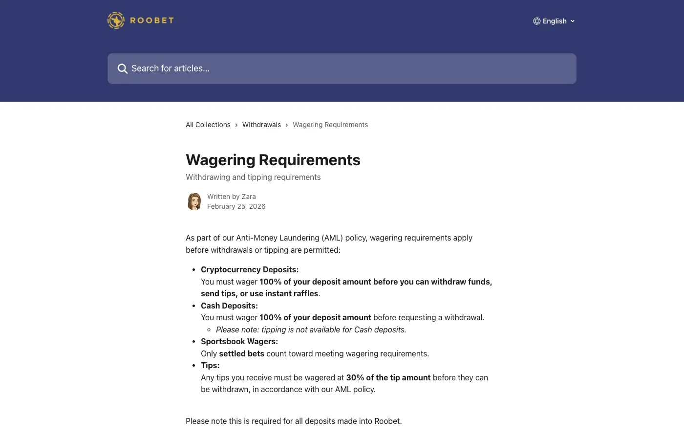 Roobet first-party deposit turnover requirements