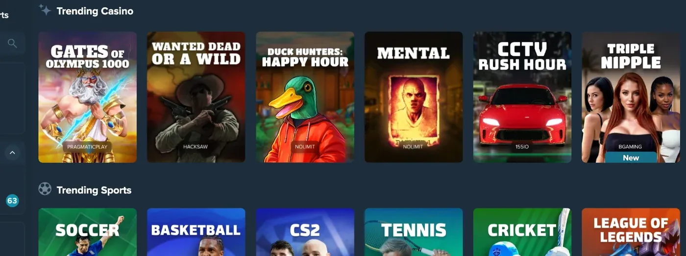 Duelbits Trending Casino and Trending Sports categories