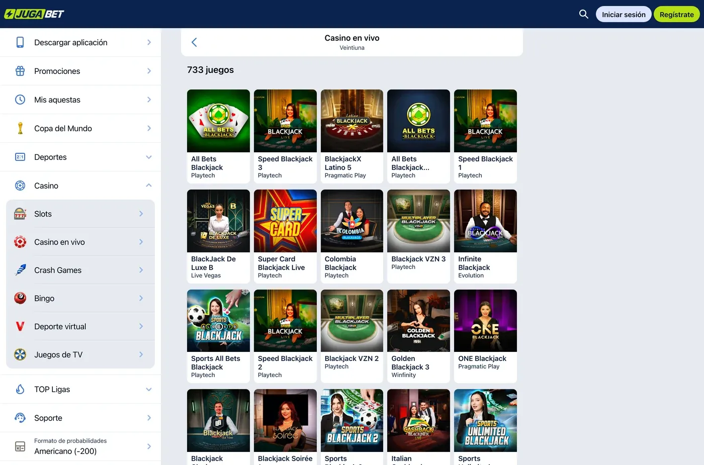 Categoría pública de blackjack en vivo de Jugabet con 733 juegos.