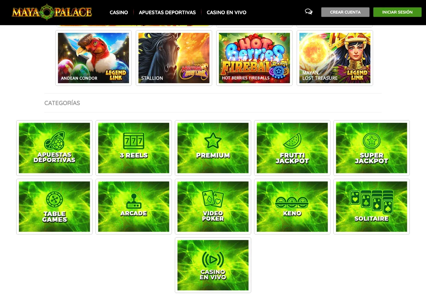 Categorías del lobby de Mayapalace con slots, juegos de mesa, video póker, keno y casino en vivo