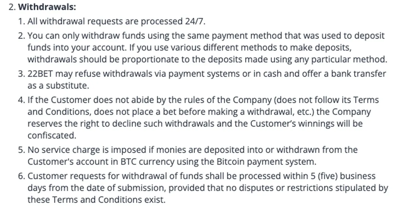 22Bet withdrawal rule allowing five business days