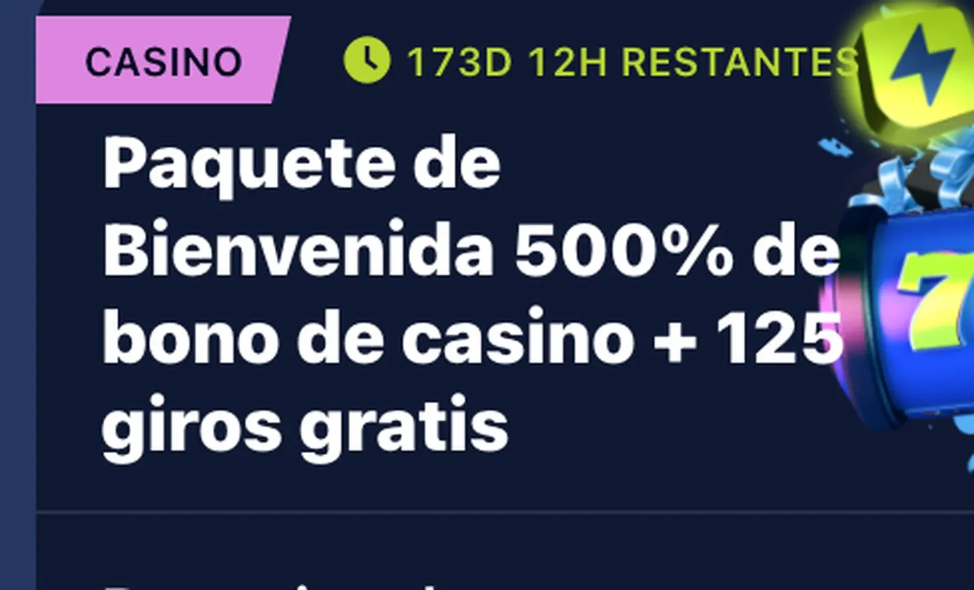 Paquete de bienvenida de casino de Jugabet con 500% y 125 giros.