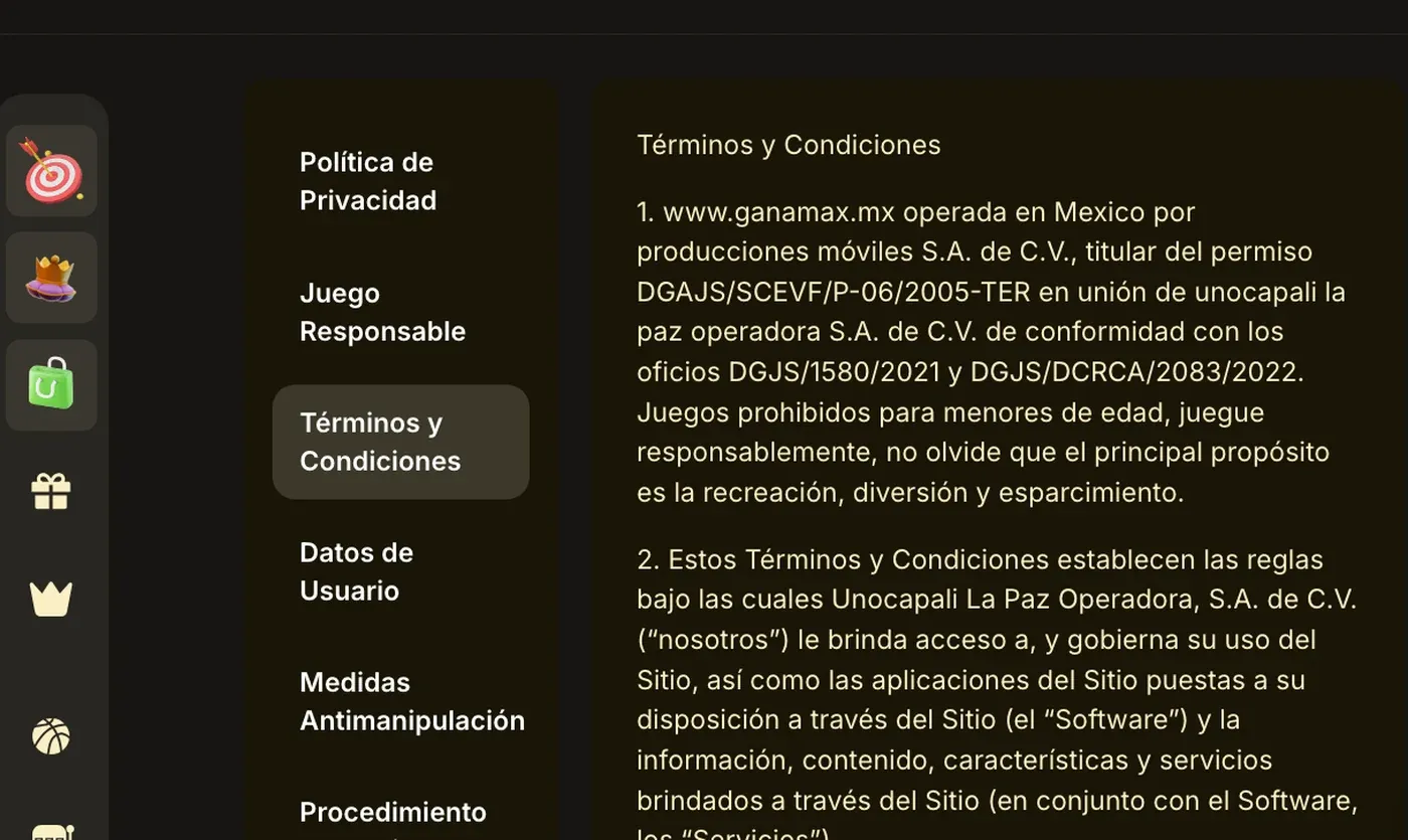 Términos de Ganamax con operador y permiso de SEGOB