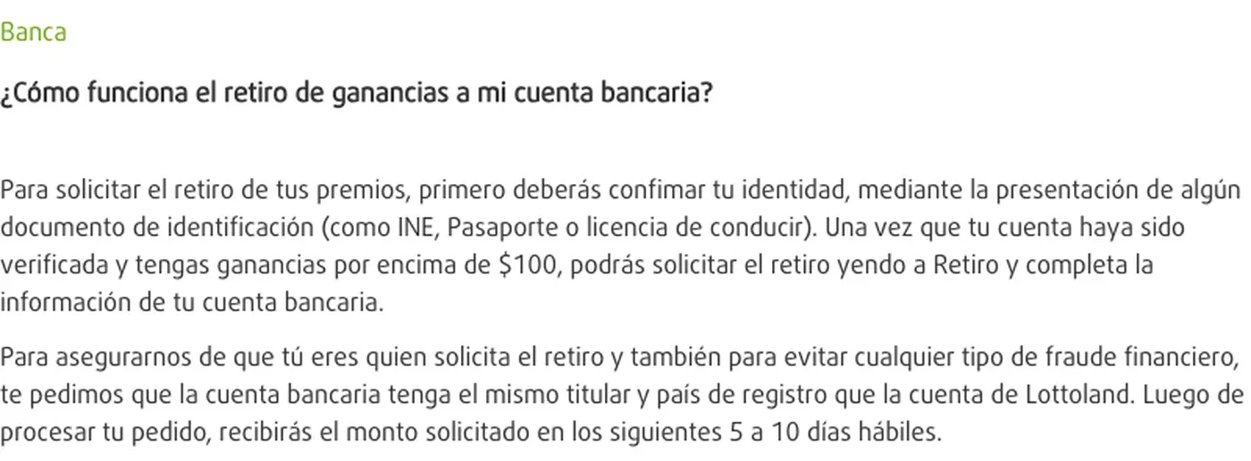 Centro de ayuda de Lottoland México con el plazo de retiro bancario de 5 a 10 días hábiles