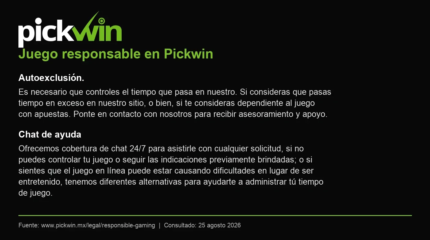 Autoexclusión y ayuda de juego responsable publicadas por Pickwin