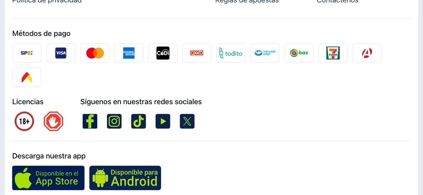 Métodos de pago publicados por Jugabet México.