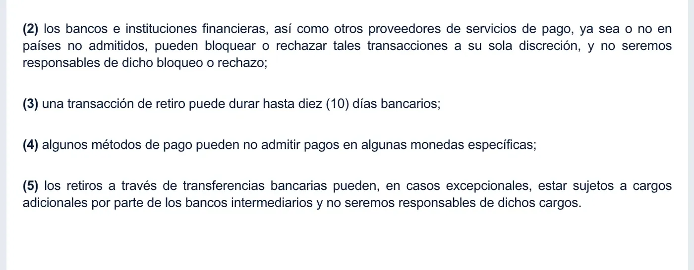 Términos de Jugabet que indican retiros de hasta 10 días bancarios.