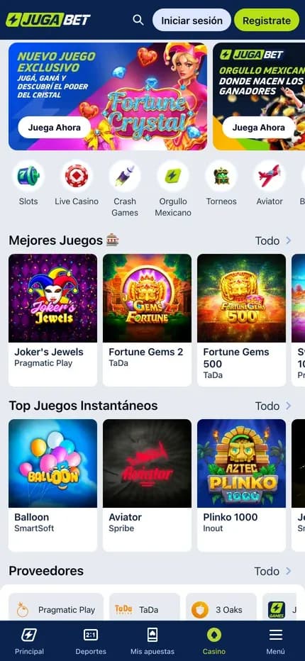 Lobby responsive de Jugabet México visto desde un teléfono.