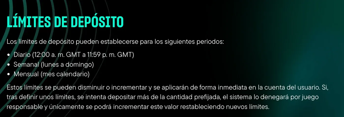 Política de VERSUSbet con límites de depósito diarios, semanales y mensuales.