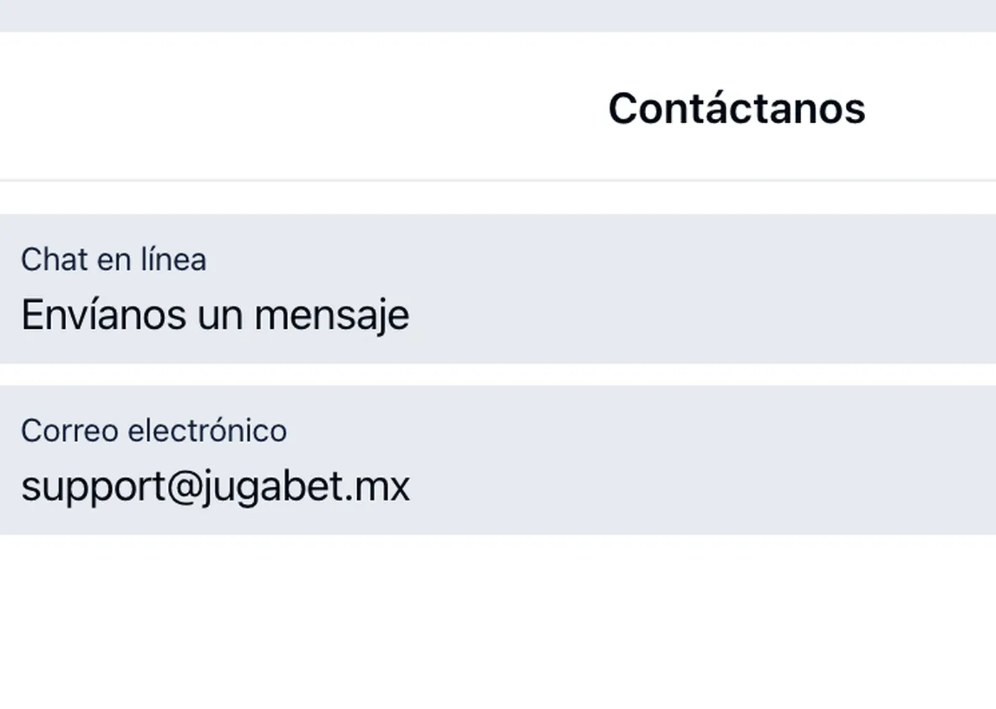 Página oficial de contacto de Jugabet con chat y correo electrónico.