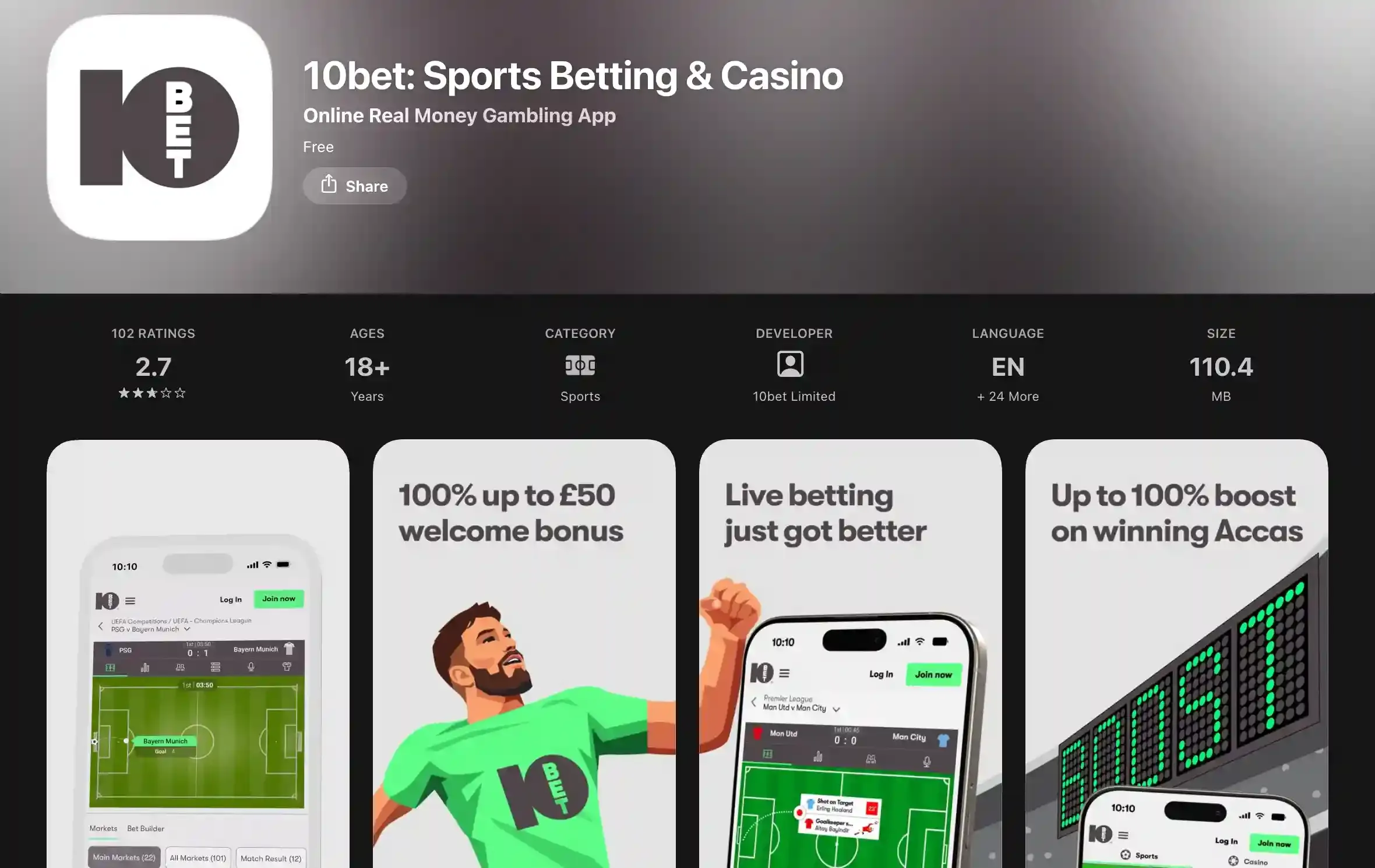 App Store listing for 10bet: Sports Betting & Casino, rated 2.7 from 102 ratings
