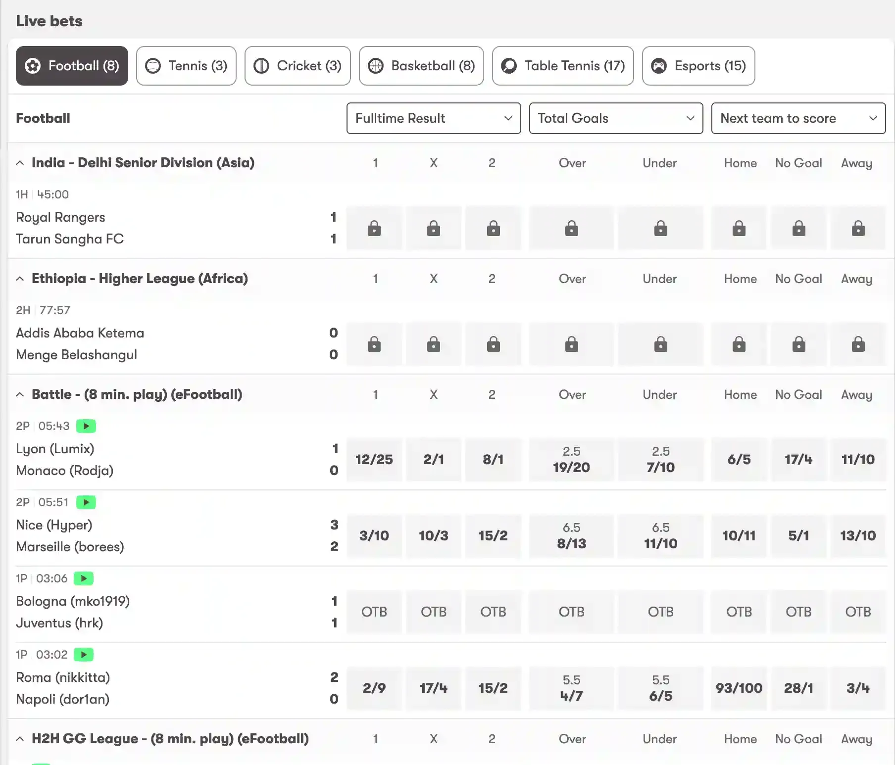 10Bet live-betting page with football, tennis, cricket, basketball, table tennis and esports tabs