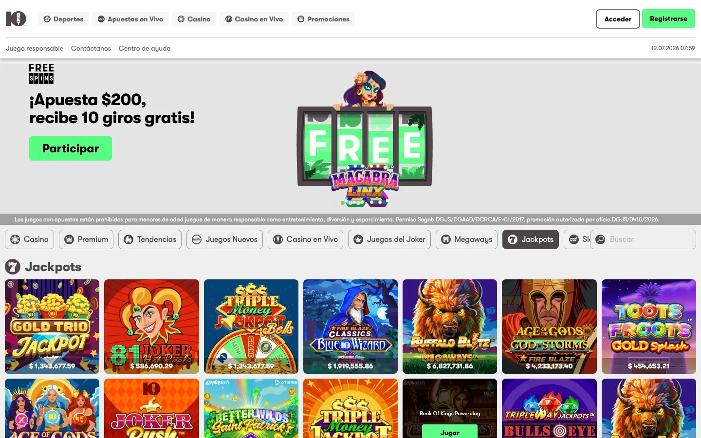 Categoría de jackpots y premios acumulados en 10bet México