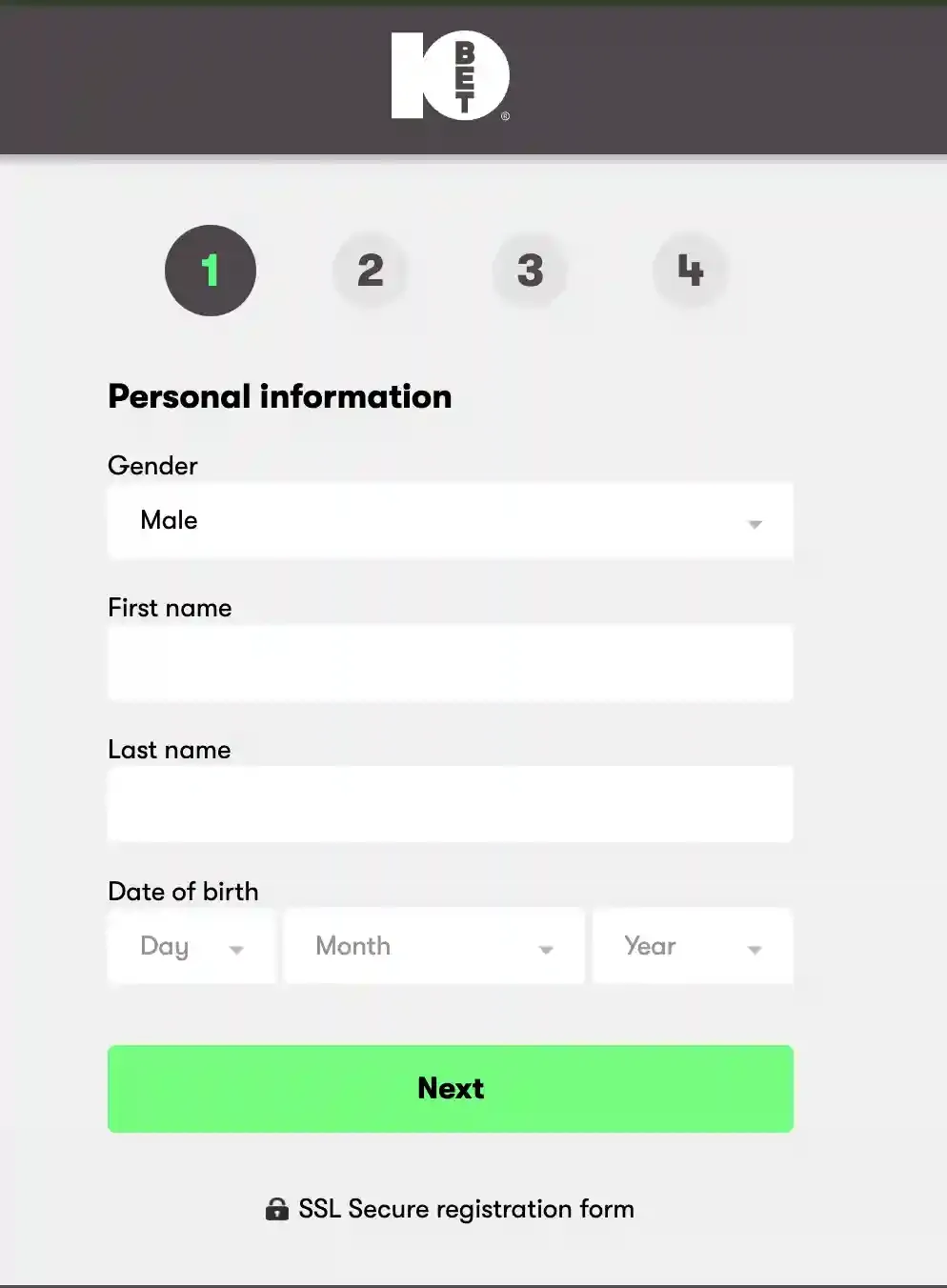 10Bet registration form showing gender, name and date-of-birth fields