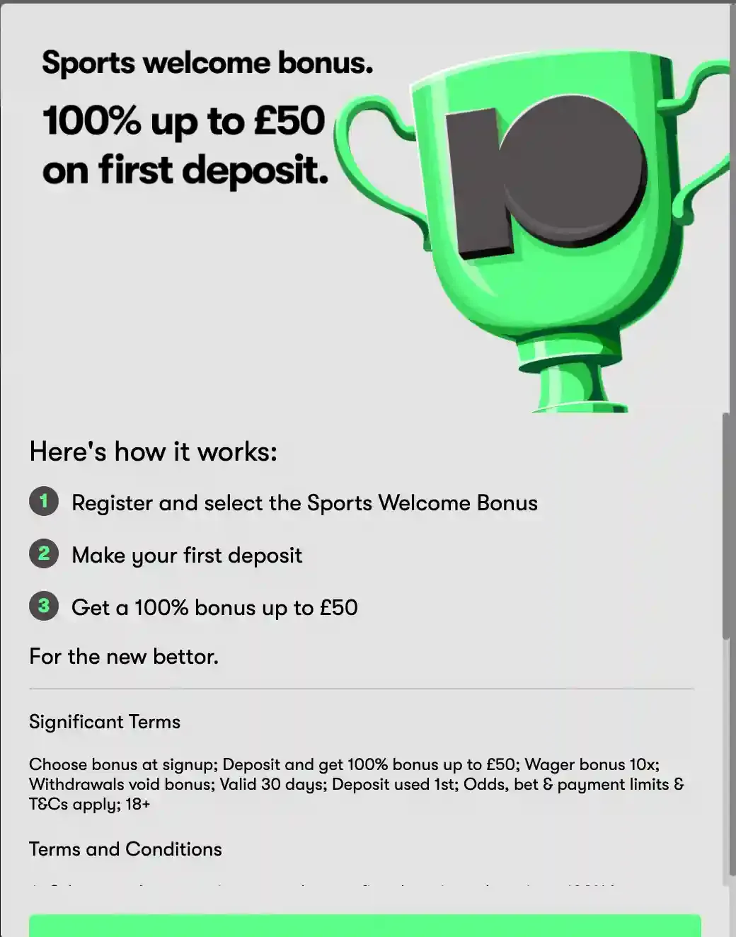 10Bet sports welcome bonus offering 100% up to £50 on the first deposit
