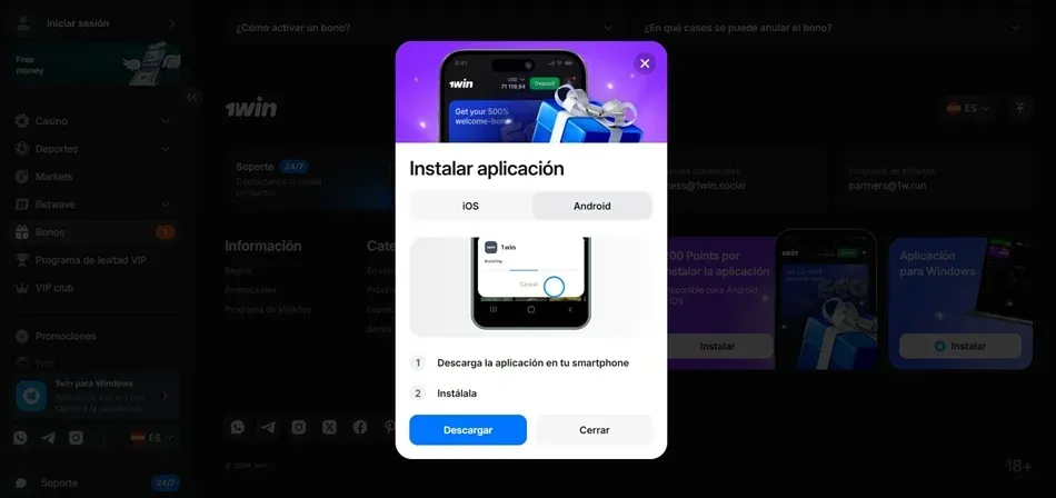 Ventana de descarga de la app Android de 1win en español
