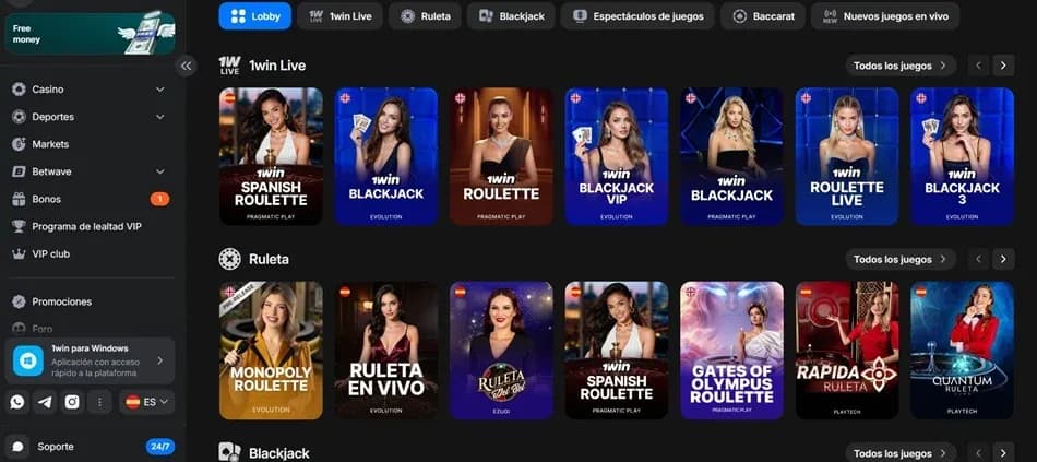Casino en vivo de 1win en español con ruleta y blackjack