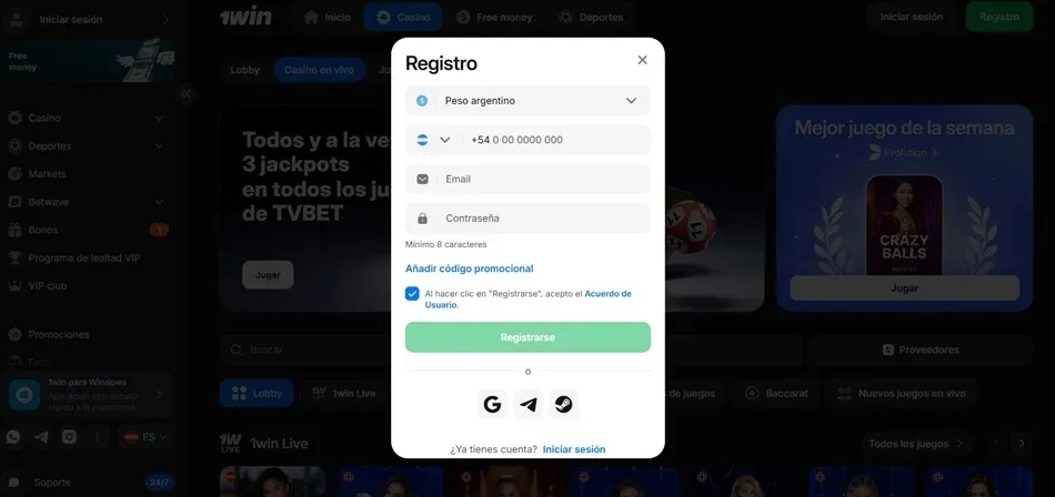 Formulario de registro de 1win en Argentina con pesos y prefijo +54