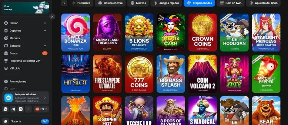 Lobby de tragamonedas de 1win en español con filtros y proveedores
