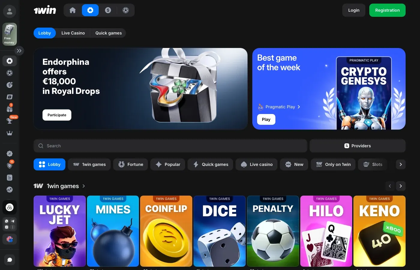 1win casino lobby showing its proprietary games