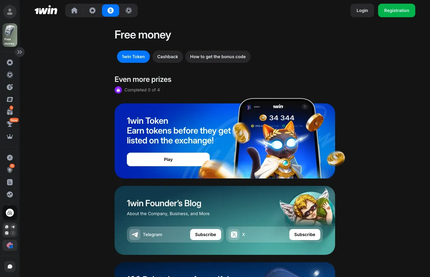 1win Free Money rewards and weekly cashback page