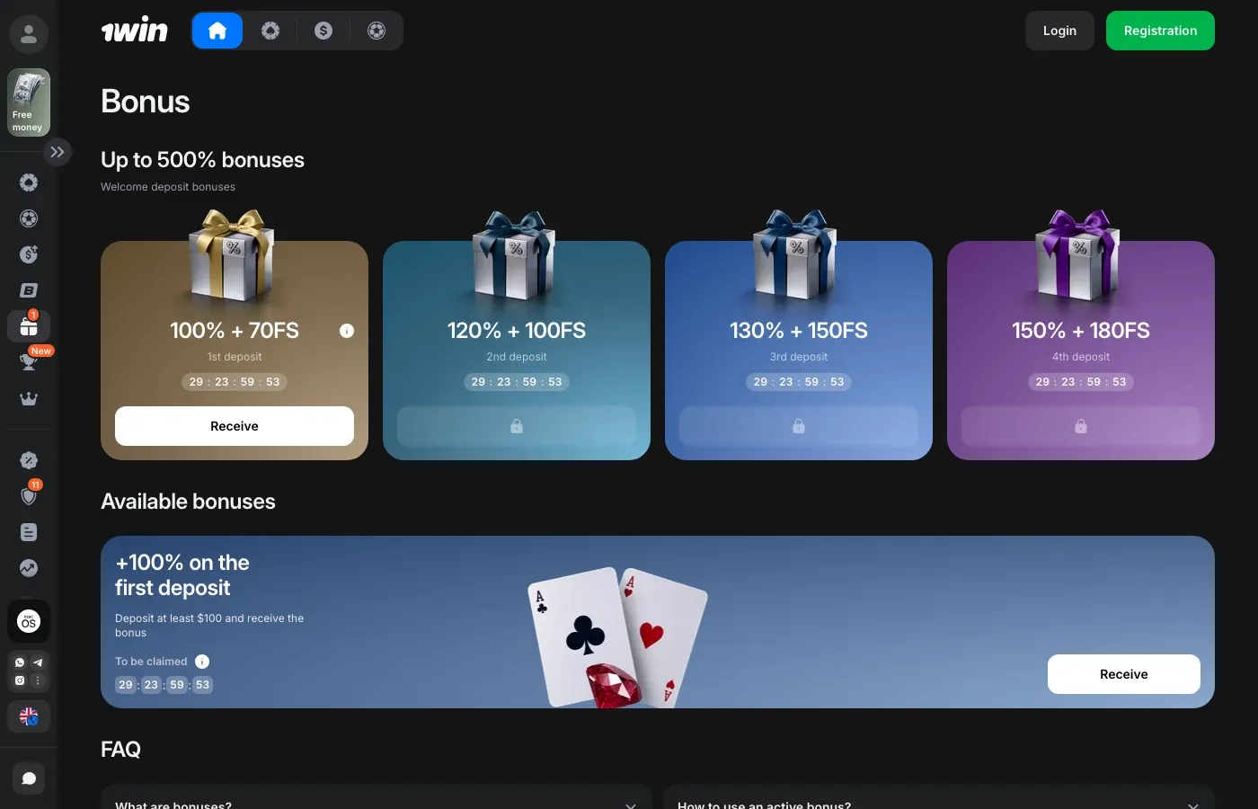 1win welcome bonuses across the first four deposits
