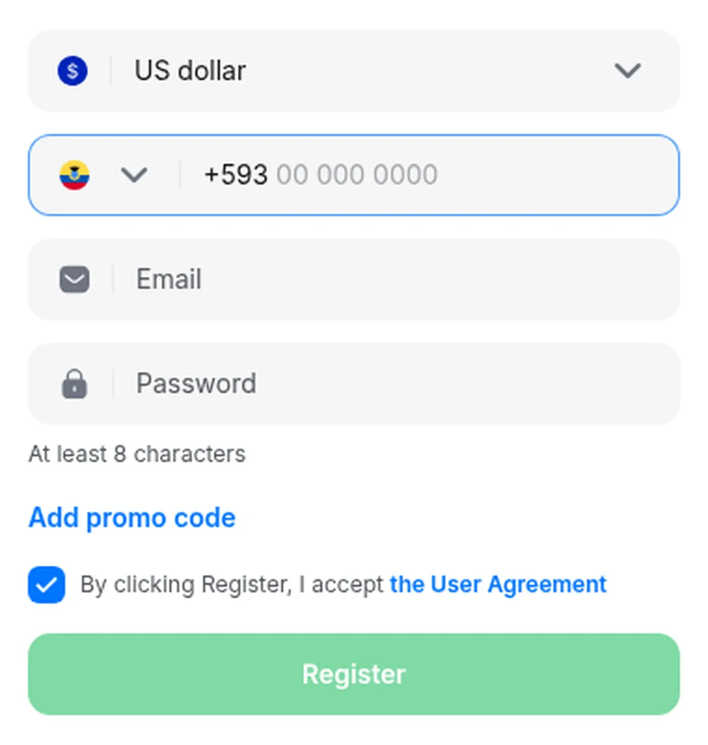 1win empty public registration form in USD