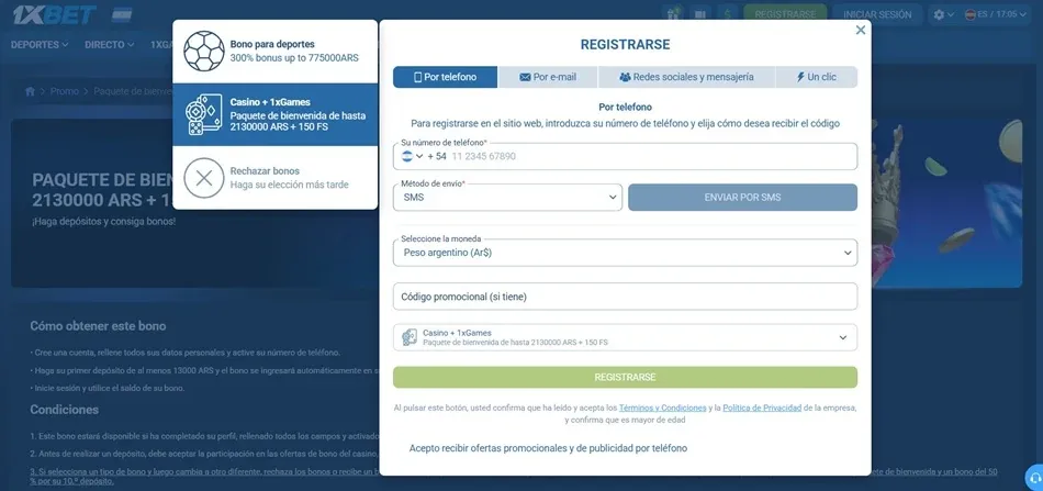 Registro de 1xBet Argentina por teléfono
