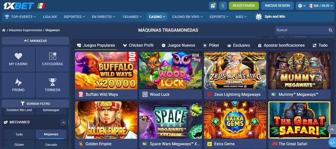 Panel de filtros para tragamonedas y Megaways en 1xBet México