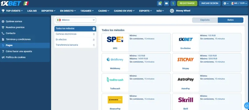 Métodos de retiro de 1xBet México